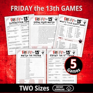 以下が含まれることがあります： FRIDAY the 13th GAMESと題された5枚の印刷可能なゲームシートのセット。Superstition Trivia、Serial Killer Match、What's Your Scary Name、Match the Phobia、Friday the 13th Triviaが含まれており、白い紙に黒い文字が印刷されています。