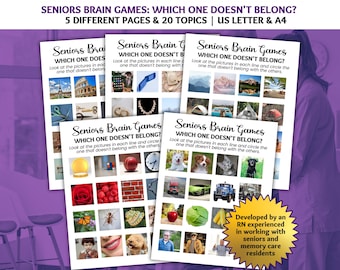 May include: Four printable pages of brain games for seniors. Each page has a grid of images with one image that doesn't belong. The text on the page reads "Seniors Brain Games: Which One Doesn't Belong?" and "Developed by an RN experienced in working with seniors and memory care residents".