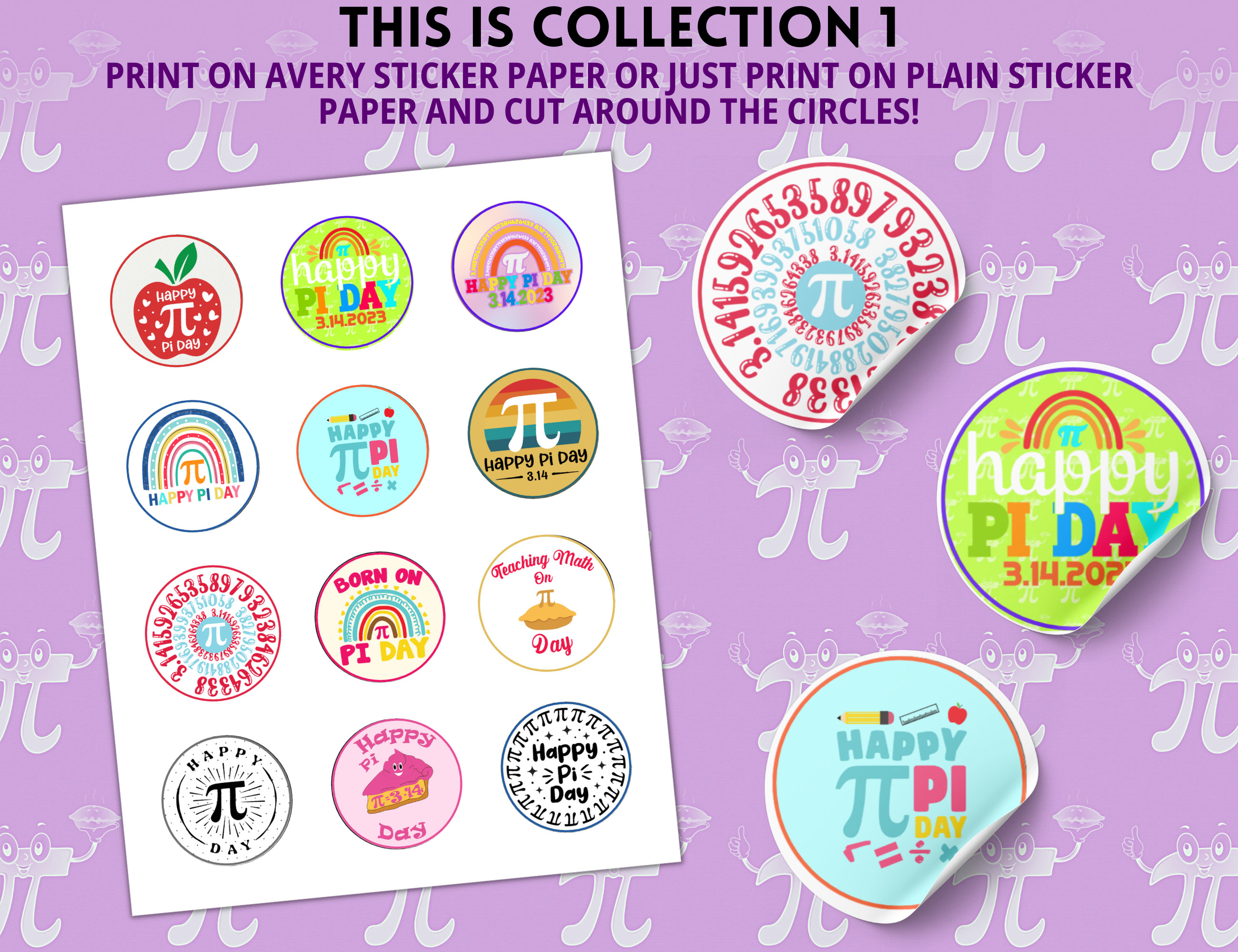 Pi Day Stickers, 3 Collections Bundle, Printable Stickers, Pi Day Decor ...