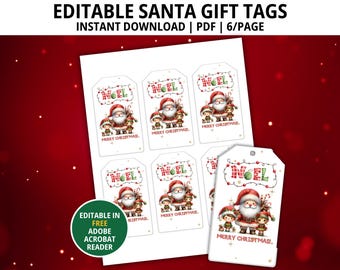 May include: Printable Santa gift tags with a red and green plaid background. The tags feature a cartoon Santa Claus with elves and the word "Noel" in a festive font. The text "Merry Christmas!" is printed on each tag. The tags are editable in Adobe Acrobat Reader.