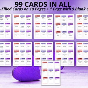 May include: A printable game set featuring 99 cards in total, including 9 pre-filled cards on 10 pages and 1 page with 9 blank cards. Each card displays the text 'SCATTER GAME' and 'Name 3' with various categories listed for players to complete.