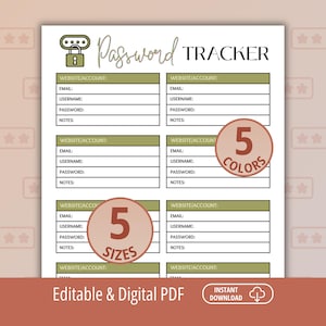 Password Tracker, Password Keeper, Password Manager, Password Tracker Sheets, Password Tracker  Fillable, Editable Tracker