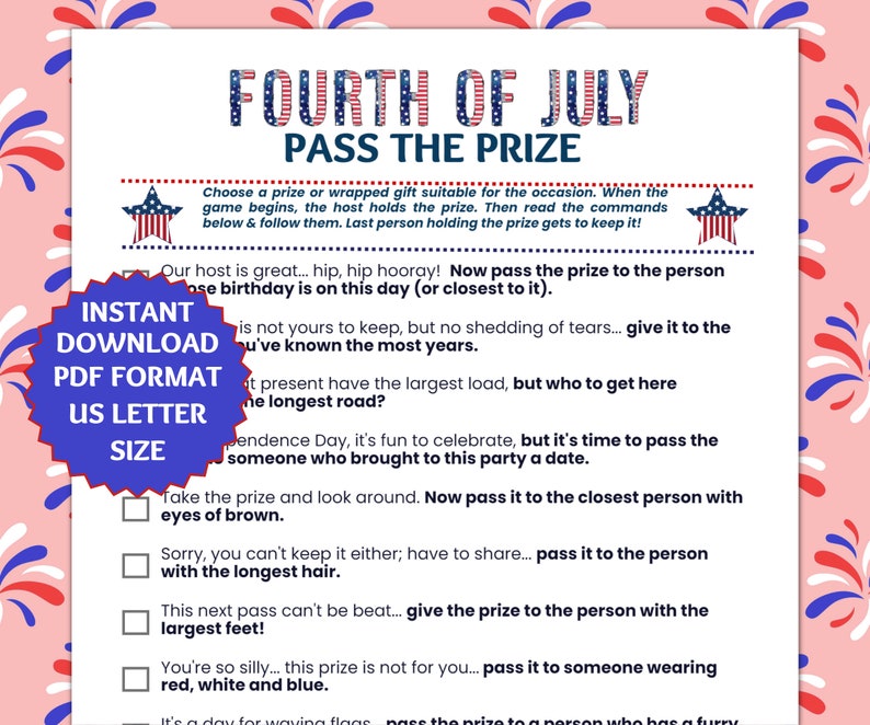 Pass the Gift Game, 4th of July Game, Pass the Prize Game, Patriotic