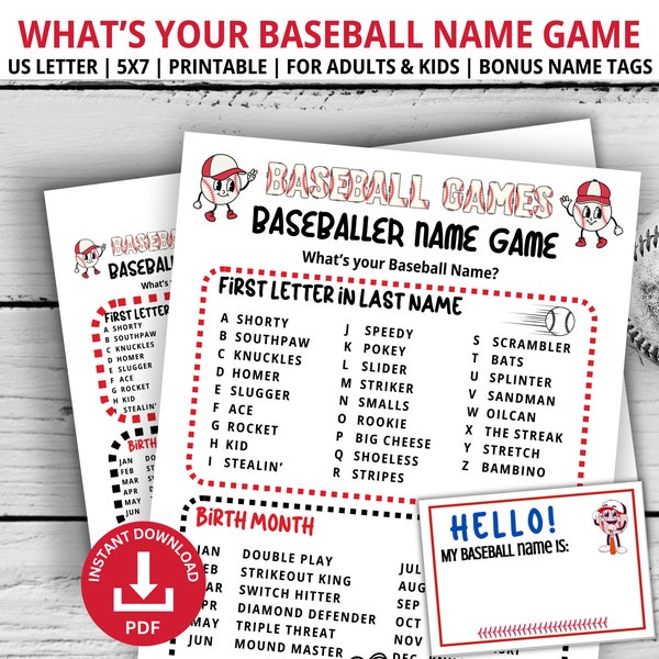 What's Your Baseball Name Game, Baseball Party Games, Family Game Night, Office Party Games, Baseball Games, Classroom Game