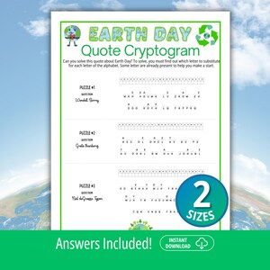 May include: A printable Earth Day quote cryptogram puzzle with three puzzles, featuring quotes from Wendell Berry, Greta Thunberg, and Neil deGrasse Tyson. The puzzle is available in two sizes and includes answers.
