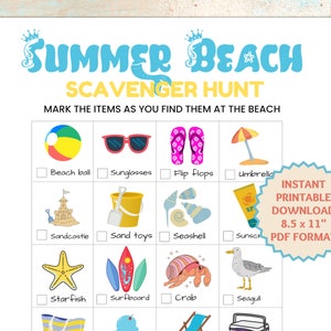 Beach Scavenger Hunt, Kids Scavenger Hunt, Printable Games for Kids, Summer Games, Travel Games, Family Games, Activities for Kids