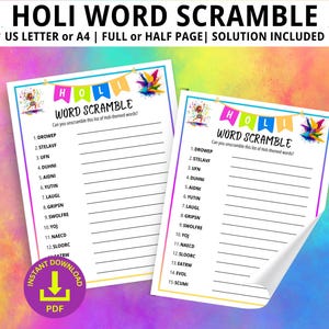 Holi Word Scramble, Holi Games, Holi Party Games, Family Game Night, Holi Word Game, Word Scramble, Holi Festival of Colors, Happy Holi