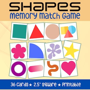 May include: A memory match game featuring colorful shapes on square cards. The cards display various shapes like squares, triangles, circles, and stars in vibrant colors. The text "SHAPES Memory match Game" is at the top. The game includes 36 cards, each 2.5 inches square.