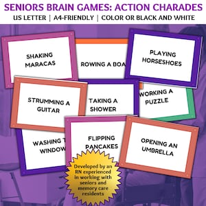Sciarade d'azione per adulti, anziani e cura della memoria, giochi di intelletto per anziani, giochi sulla demenza, gioco delle sciarade, attività sulla demenza, carte sulla demenza