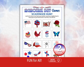 Memorial Day Scavenger Hunt, Memorial Day Games, Patriotic Game, Icebreaker Games, Family Game Night, Outdoor Scavenger Hunt, Games for Kids