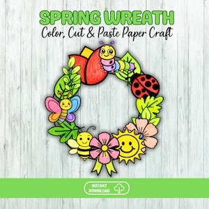 Manualidad de corona de primavera, manualidad de recortar y pegar, manualidad de primavera, actividad para el aula, manualidad de papel para niños, decoración de tablones de anuncios