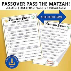 May include: Two-page printable Passover game titled "Pass the Matzah!" with instructions for a left-right game. The game includes prompts for passing a prize to different people. The text includes "Happy Passover!"