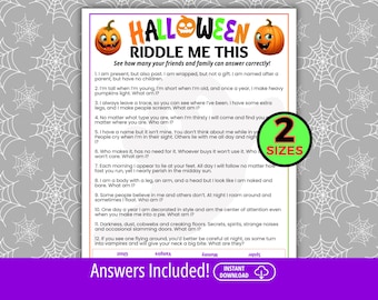 May include: A white paper sheet featuring the title Halloween Riddle Me This in colorful letters, flanked by two orange jack-o'-lanterns. The page contains twelve numbered riddles, a green circular badge stating 2 Sizes, and an Answers Included footer.