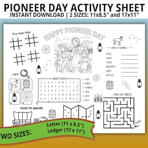 Pioneer Day Activity Sheet, 2 Sizes, Pioneer Day Game, Activity Placemat, Pioneer Day Coloring, Kids Placemat, Kids Coloring