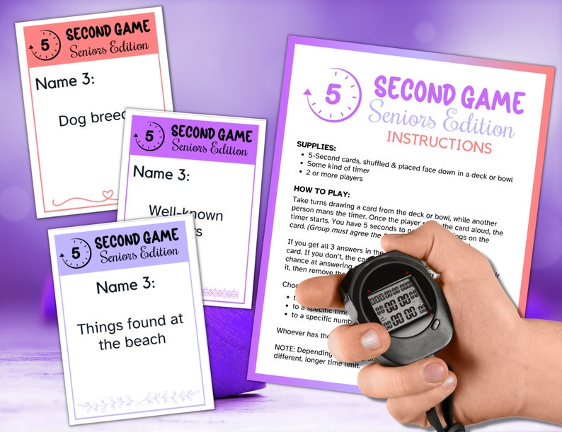 May include: A printable party game titled Second Game Seniors Edition, featuring an instruction sheet and three prompt cards with the text Name 3: Dog breeds, Well-known fruits, and Things found at the beach, alongside a black digital stopwatch.