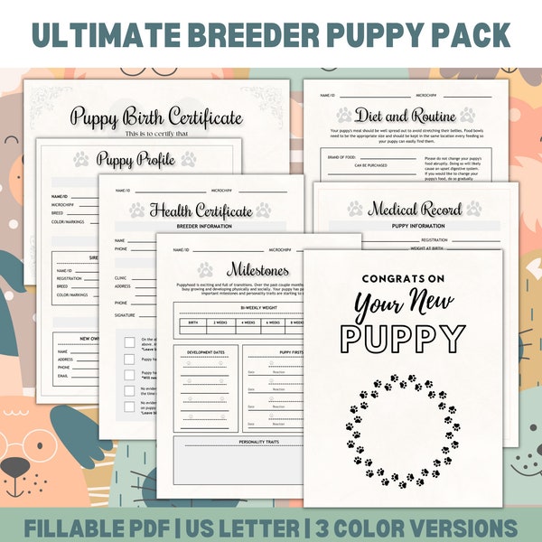 Ultimate Breeder Puppy Pack, Puppy Shot Record, Puppy Birth Certificate, Breeder Forms, Puppy Schedule, Puppy Records