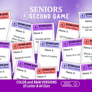 May include: A collection of game cards titled 5 Second Game Seniors Edition, featuring various prompts like Dog breeds, US Presidents, and Frank Sinatra songs. The cards have colorful headers in pink and purple, with white backgrounds and black text.