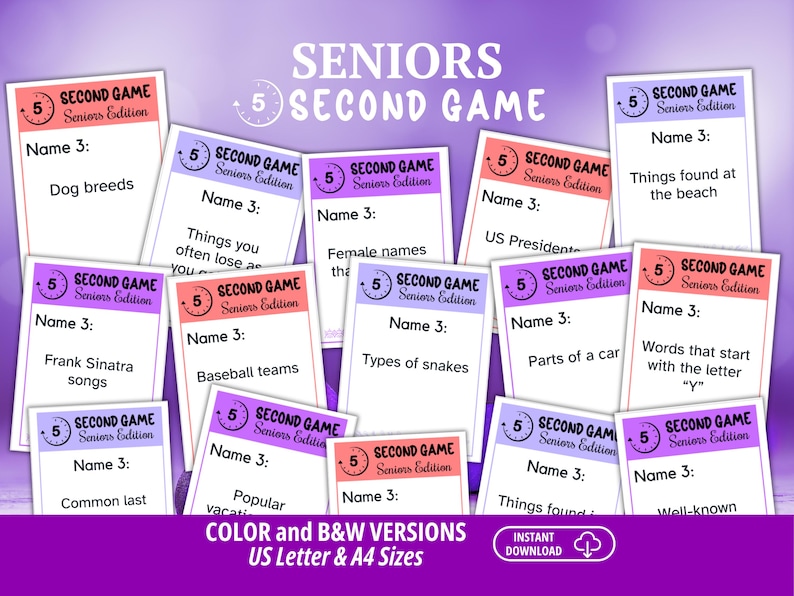 May include: A collection of game cards titled 5 Second Game Seniors Edition, featuring various prompts like Dog breeds, US Presidents, and Frank Sinatra songs. The cards have colorful headers in pink and purple, with white backgrounds and black text.