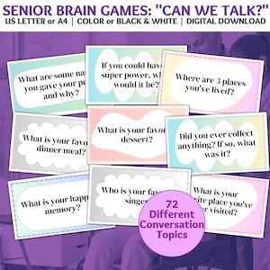 Jeu pour personnes âgées peut-on parler, Cartes de conversation, Jeux de réflexion pour personnes âgées, Jeux sur la démence, Soins de la mémoire, Activités sur la démence, Cartes sur la démence