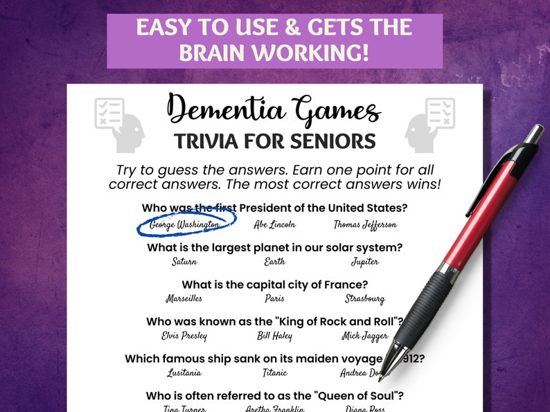 Trivia for Seniors Game, Ice Breaker Game, Dementia Activities