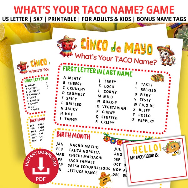 Whats Your Taco Name Game, Cinco de Mayo Games, Family Game Night, Fiesta Party, Fiesta Games, Taco Tuessday, Name Generator