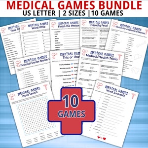 May include: A printable bundle of 10 medical-themed games. The games include word searches, word scrambles, matching anatomical names, and more. The games are designed for use in a medical setting or for medical professionals.