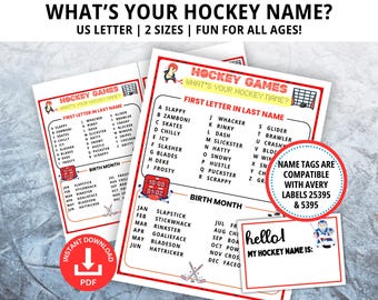 What's Your Hockey Name, Hockey Name Game, Hockey Party Game, Hockey Games, Name Generator, Hockey Birthday, BONUS NAMETAGS + SIGN