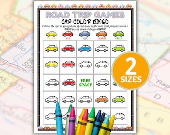 May include: A printable Road Trip Games Car Color Bingo sheet featuring a grid of car icons in yellow, red, blue, orange, and green. The header reads Road Trip Games Car Color Bingo with instructions and a free space. A row of colorful crayons sits below.