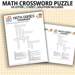 May include: Two printable math crossword puzzles for kids. The puzzles are black and white and feature a grid with numbers and math symbols. The text "MATH GAMES Crossword" is at the top of each puzzle.