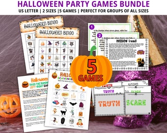 May include: A set of five Halloween party games, including bingo, a scavenger hunt, a pass the pumpkin game, and a truth or scare game. The games are printed on white paper with colorful illustrations and text. The games are perfect for groups of all sizes.