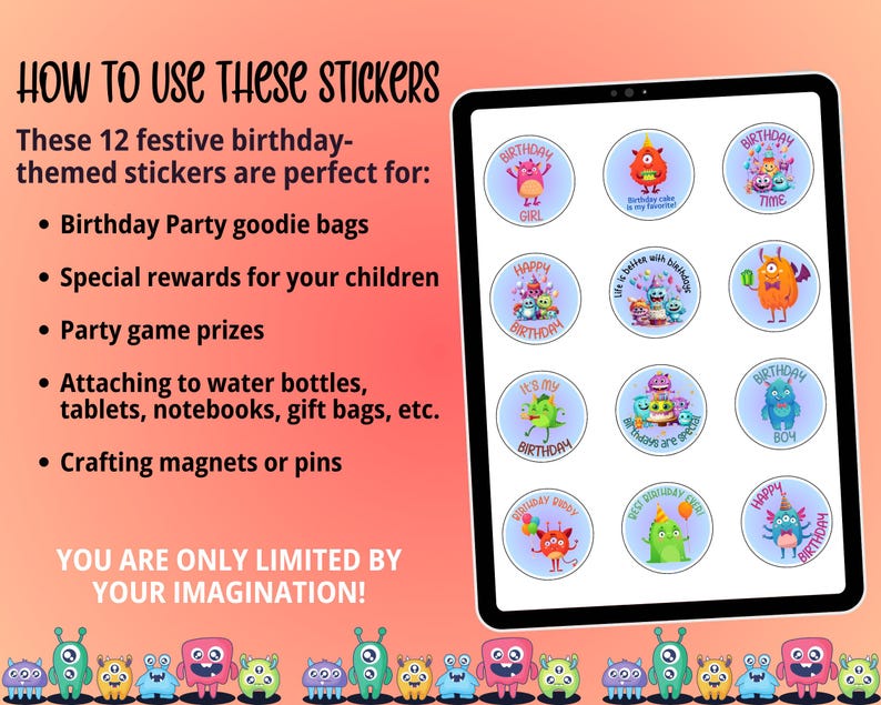 Printable Monster Stickers, Birthday Stickers, Printable Stickers Sheet ...