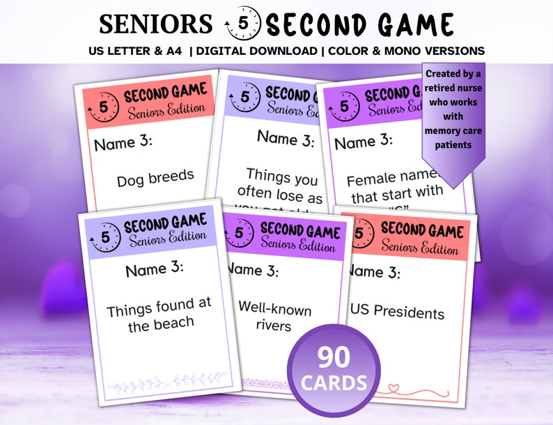 5 Second Game, Dementia Games, Dementia Activities, Dementia Cards