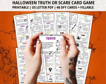 Puede incluir: Un juego de cartas de Halloween de Verdad o Atrevimiento imprimible con 48 cartas. Las cartas son en blanco y negro con un tema espeluznante. Las cartas están diseñadas para ser completadas con tus propias preguntas y desafíos.