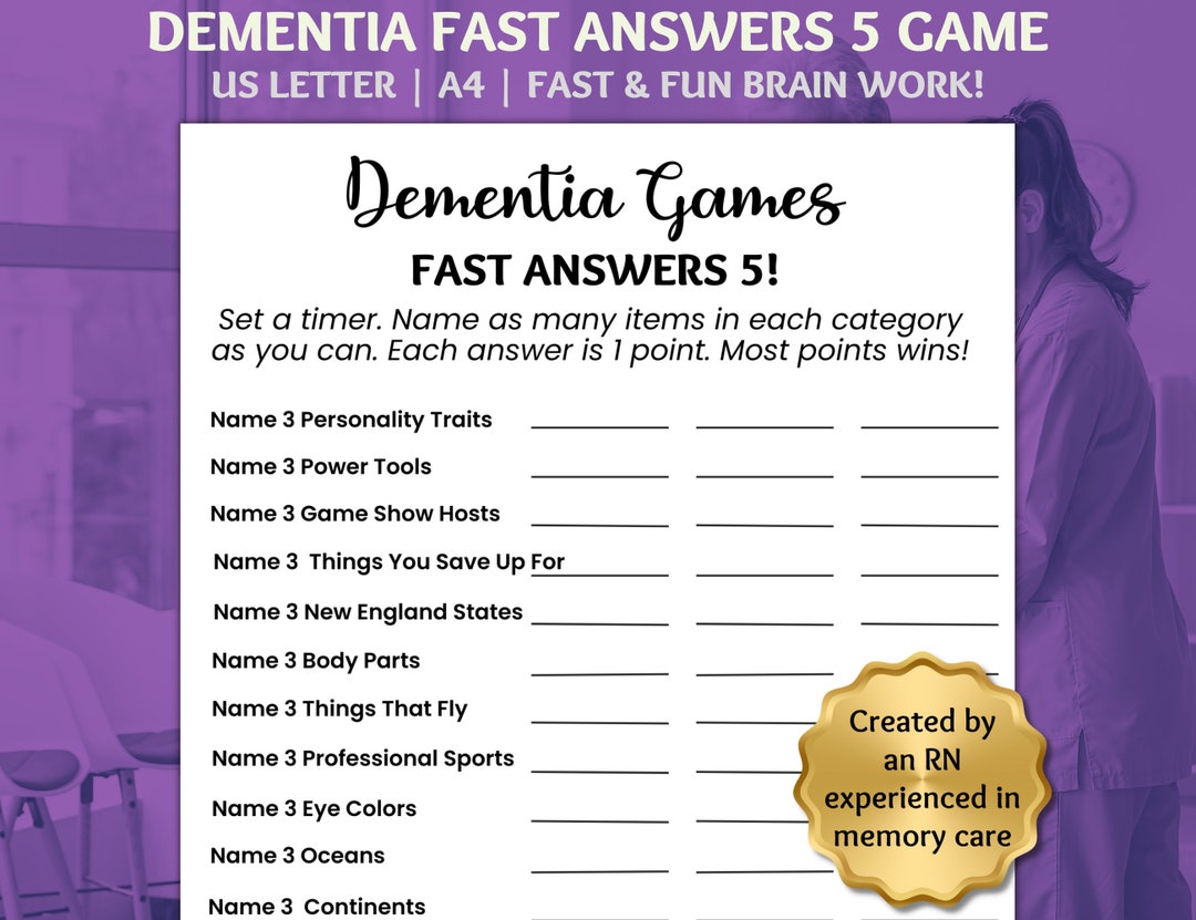 Dementia Fast Answers 5 Game, Ice Breaker Game, Dementia Activities, Dementia Caregiver Resource