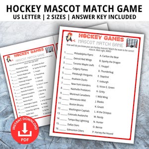 Hockey Mascots Matching Game, Hockey Games, Hockey Party Games, Hockey Birthday, Family Game Night, ice Hockey Party, Hockey Matching Game