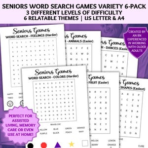 Seniors Word Search, 6-Game Bundle, Dementia Games, Ice Breaker Game, Dementia Activities, Dementia Caregiver Resource, Seniors Brain Games