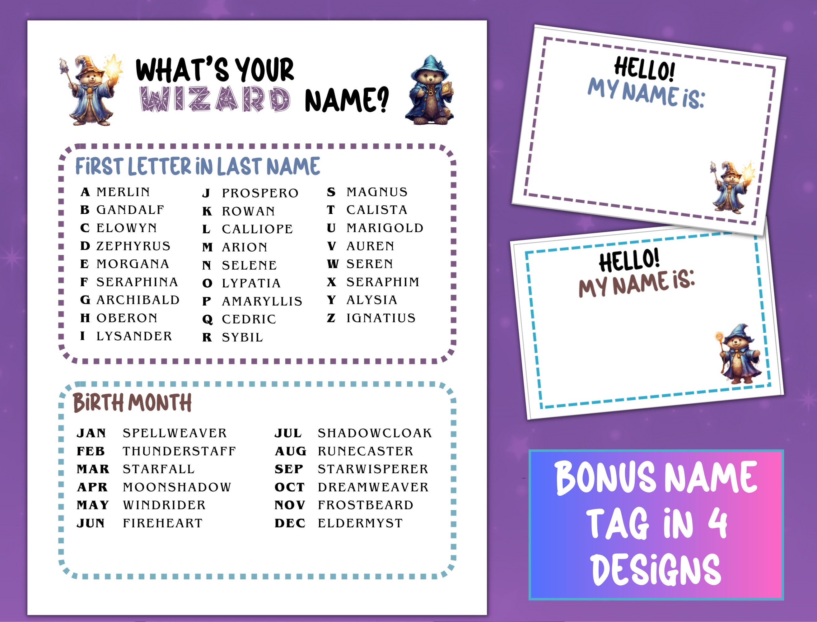  What's Your Wizard Name Game (1 Wizard Sign and 30 Name Tag  Stickers), Wizard Game Party Decoration, Birthday Game for Kids, Family Game-29  : Toys & Games