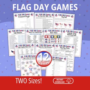 May include: A collection of printable "Flag Day Games" on white paper, including crossword puzzles, trivia, and matching games. The title "Flag Day Games" is at the top. The image includes the text "TWO Sizes!" and "12 Games".