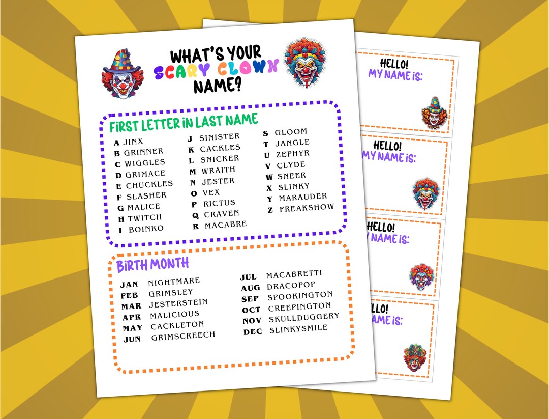 What's Your Scary Clown Name, Halloween Name Game, Whats Your Name