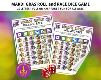Mardi Gras Roll and Race, Mardi Gras Games, Mardi Gras Party Games, Family Game Night, Mardi Trivia Dice Game, Candy Dice