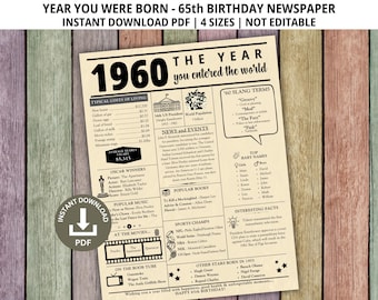 65th Birthday Newspaper, 65th Birthday Gift, Back in 1960, Year You Were Born, 65th Party Decor, 1960 Birthday Poster, 65th Birthday Poster