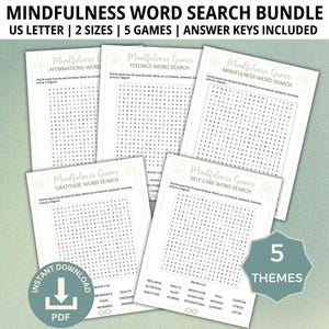 Jeux de recherche de mots sur la pleine conscience, Cinq thèmes, Jeux de pleine conscience, Jeu de mots sur la pleine conscience, Mots de recherche avec affirmations, Mots de sentiments et émotions