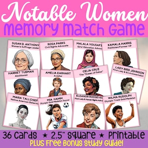 Jogo de memória de mulheres notáveis, jogo de memória, jogo de memória, cartões de memória, atividade em sala de aula, recurso para professores, guia de estudo bônus