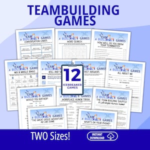 May include: A collection of 12 printable team building games featuring white sheets with blue headers and text. Titles include Conversation Cards, Word Search, Mix & Mingle Bingo, Roll and Share, Fast Answers, All About Me, Would You Rather, and Ad Libs.
