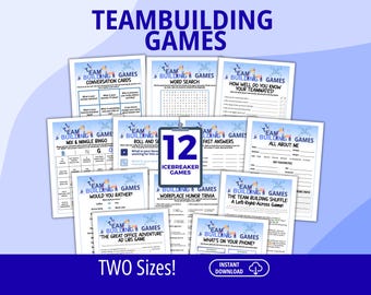 May include: A collection of 12 printable team building games featuring white sheets with blue headers and text. Titles include Conversation Cards, Word Search, Mix & Mingle Bingo, Roll and Share, Fast Answers, All About Me, Would You Rather, and Ad Libs.