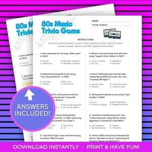 80s Trivia Game, Music Trivia, Printable Trivia Game, Family Game Night, 80s Trivia, 80s Music Trivia, Trivia 40th Birthday