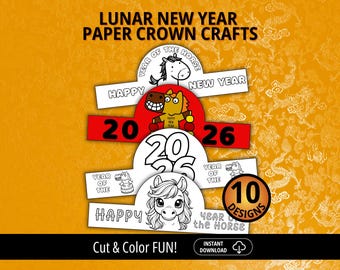 Lunar New Year Paper Crowns, Lunar New Year Coloring Craft, Paper Crafts, Chinese New Year Craft, Cut and Paste Activity