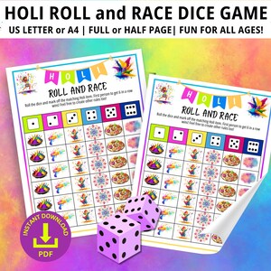 Holi Roll and Race Dice Game, Holi Games, Holi Party Games, Family Game Night, Holi Dice Game, Holi Festival of Colors, Happy Holi