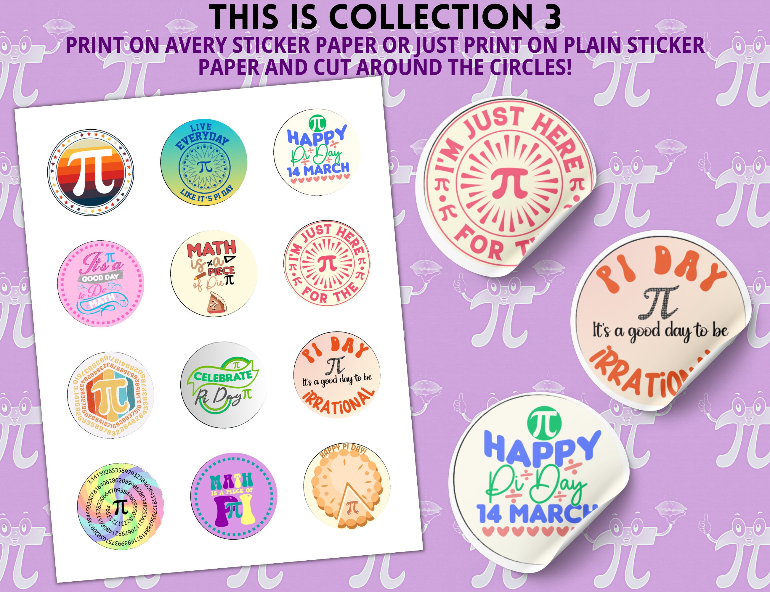 Pi Day Stickers, 3 Collections Bundle, Printable Stickers, Pi Day Decor ...