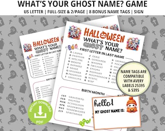 What's Your Ghost Name, Halloween Name Game, Whats Your Name, Printable Game, Halloween Party Game, Ghost Name Game, BONUS NAMETAGS + SIGN